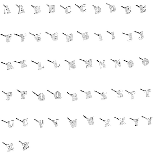Sterling Silver Mini CZ Initial A-Z Alphabet Letter Stud Earrings 3 Tones
