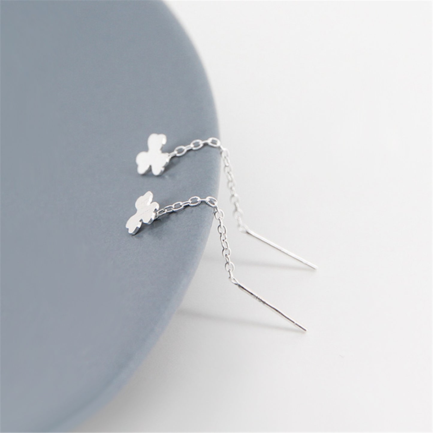 Sterling Silver Pull Through Clover Shamrock Threader Dangle Earrings - sugarkittenlondon