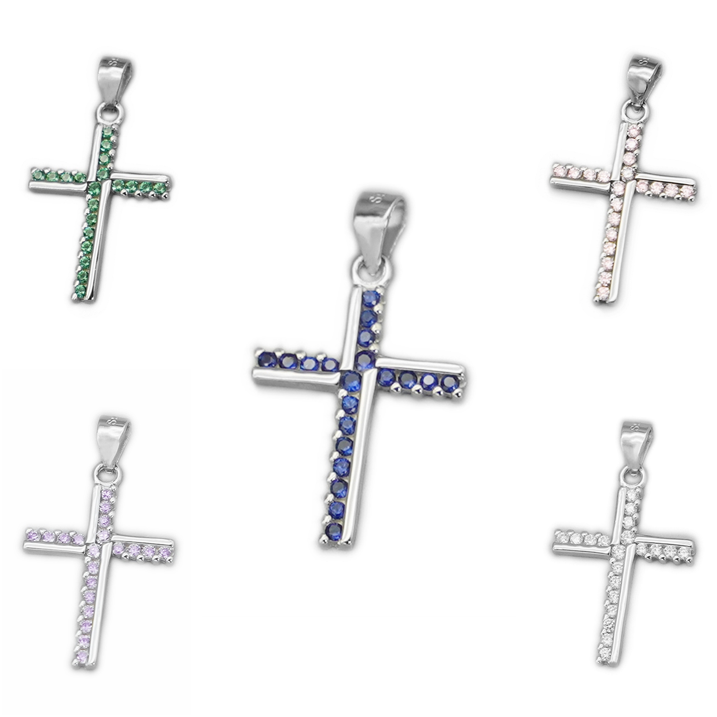 SKL Sterling Silver Half CZ Paved Christian Cross Pendant Necklace Choice of Colours