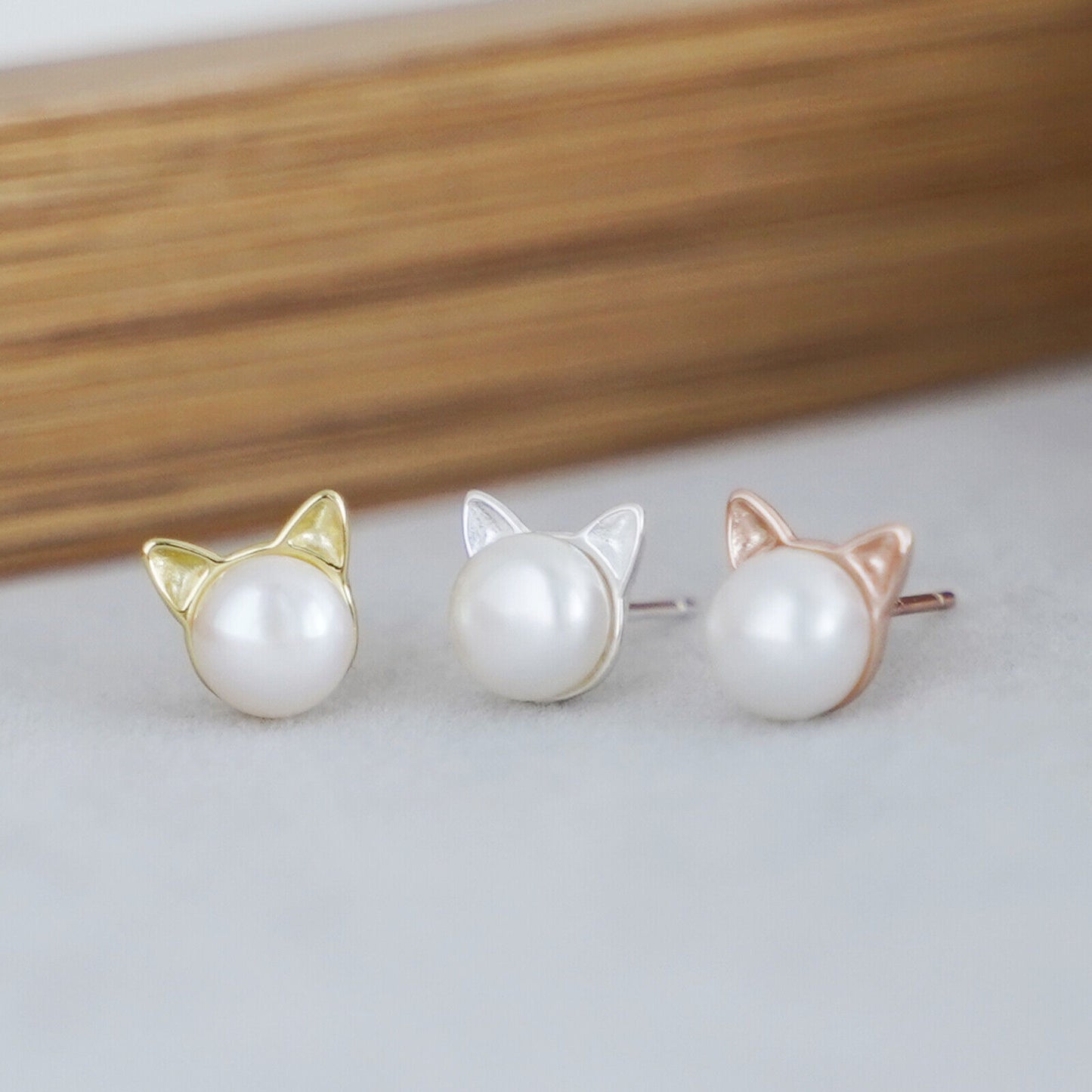 Sterling Silver 7mm Cultured Freshwater Pearl Cat Kitten Stud Earrings Pendant Necklace 3 Tones - sugarkittenlondon