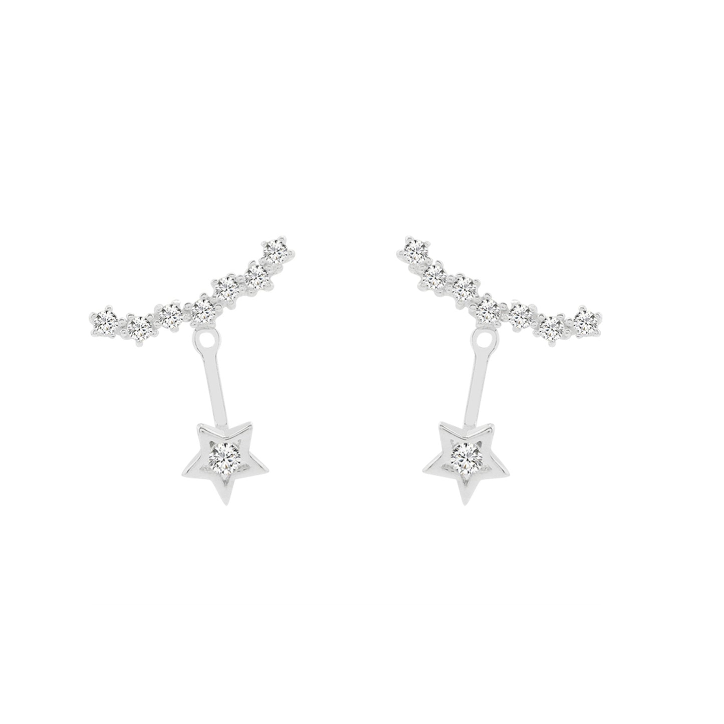 Sterling Silver Star Curve Line CZ Drop Jacket Hug Two Way Earrings