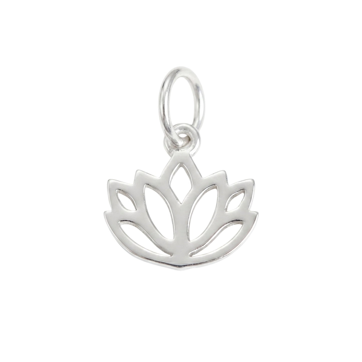 Silver lotus flower charm with hanging loop, curved petals cutout