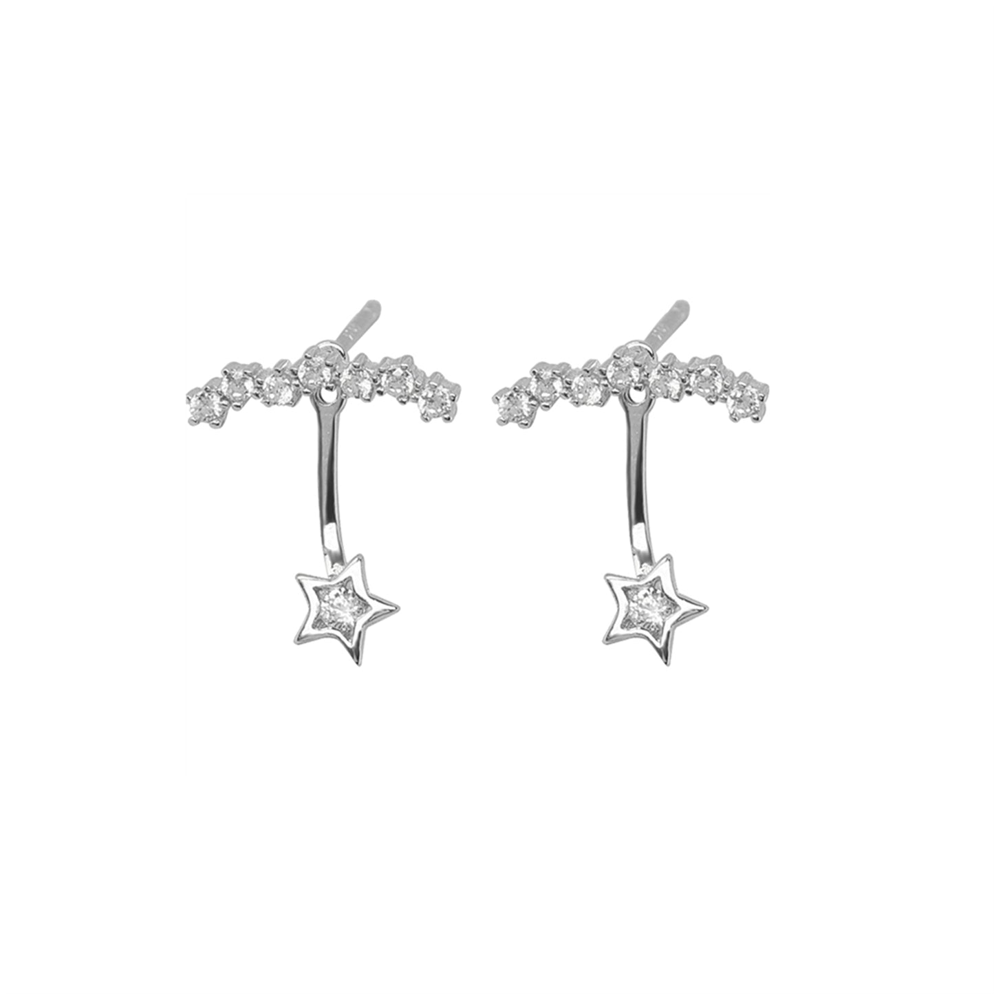 Sterling Silver Star Curve Line CZ Drop Jacket Hug Two Way Earrings
