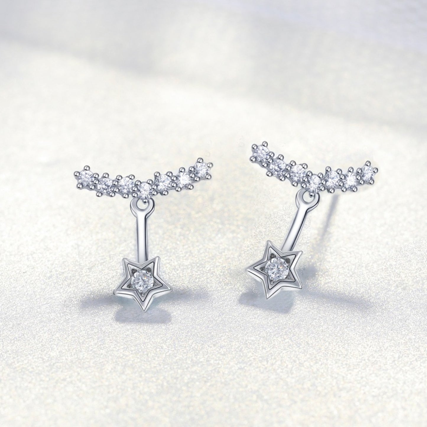 Sterling Silver Star Curve Line CZ Drop Jacket Hug Two Way Earrings