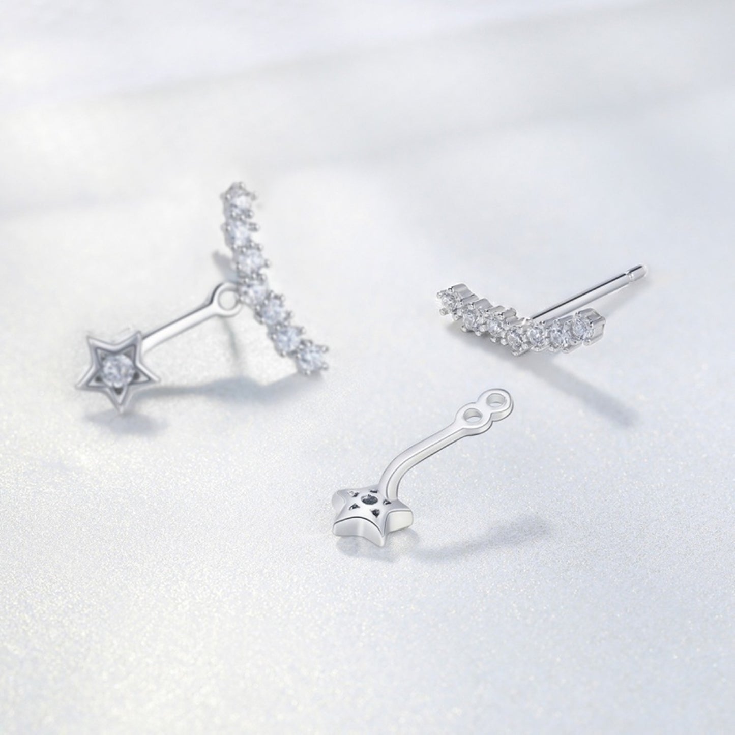 Sterling Silver Star Curve Line CZ Drop Jacket Hug Two Way Earrings
