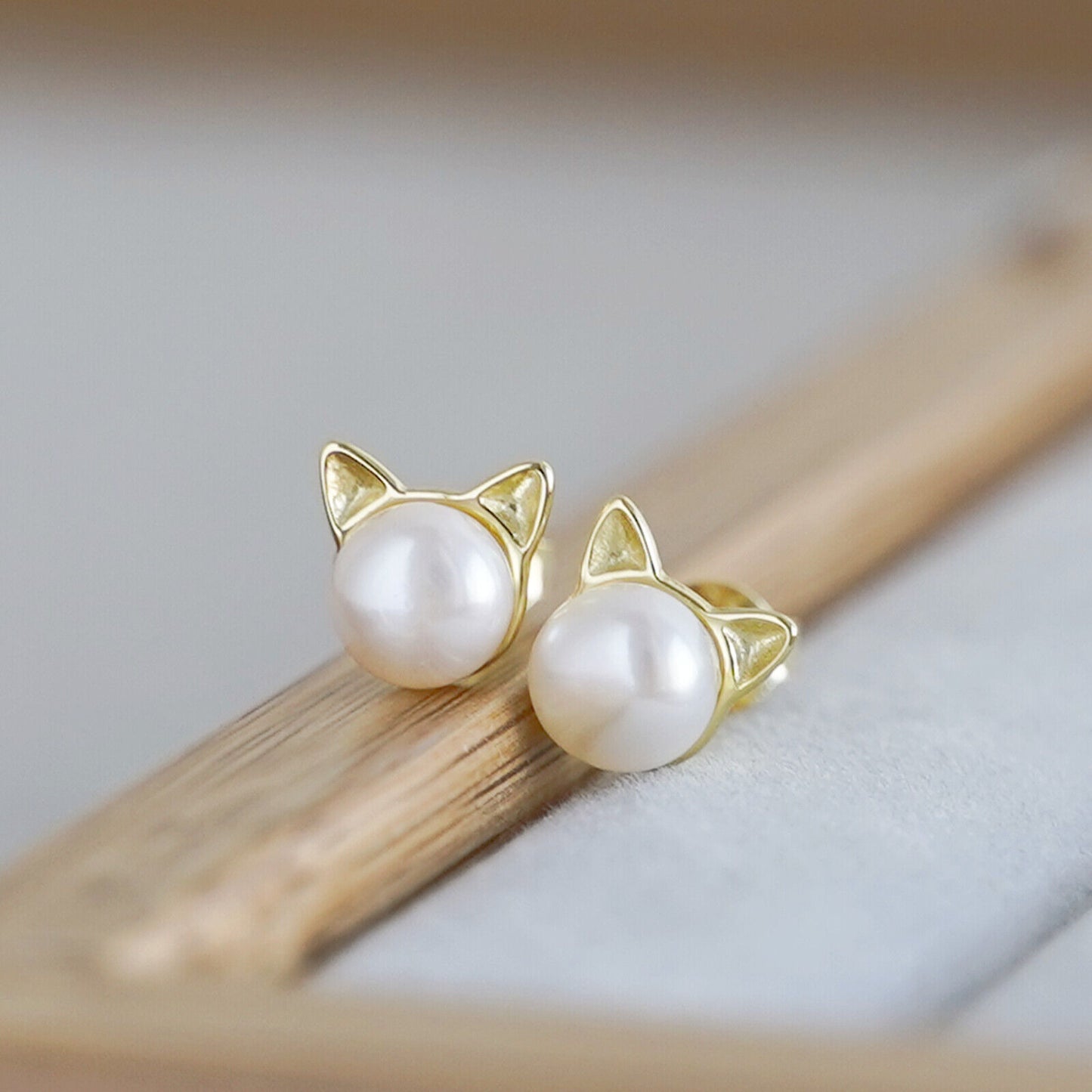 Sterling Silver 7mm Cultured Freshwater Pearl Cat Kitten Stud Earrings Pendant Necklace 3 Tones - sugarkittenlondon