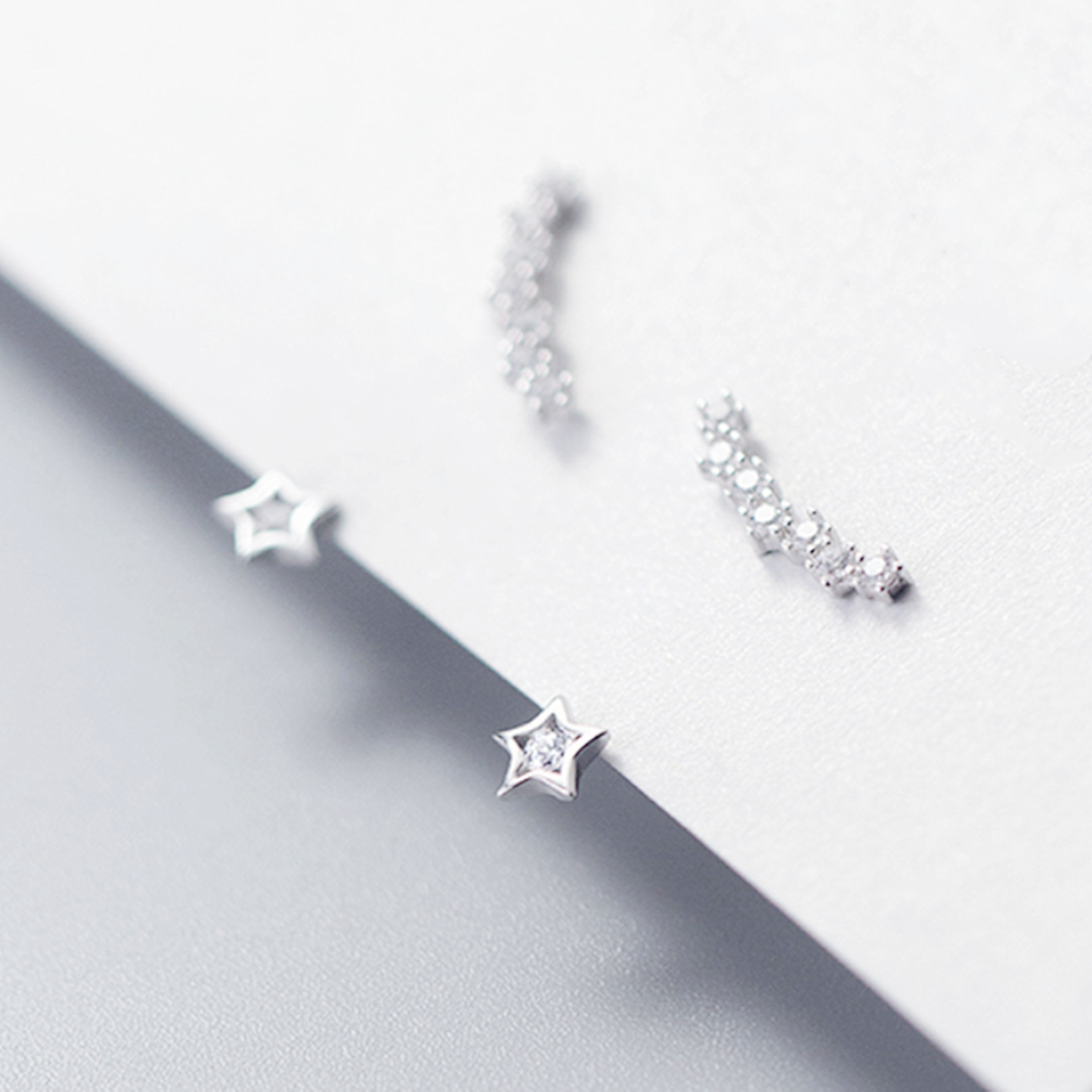 Sterling Silver Star Curve Line CZ Drop Jacket Hug Two Way Earrings