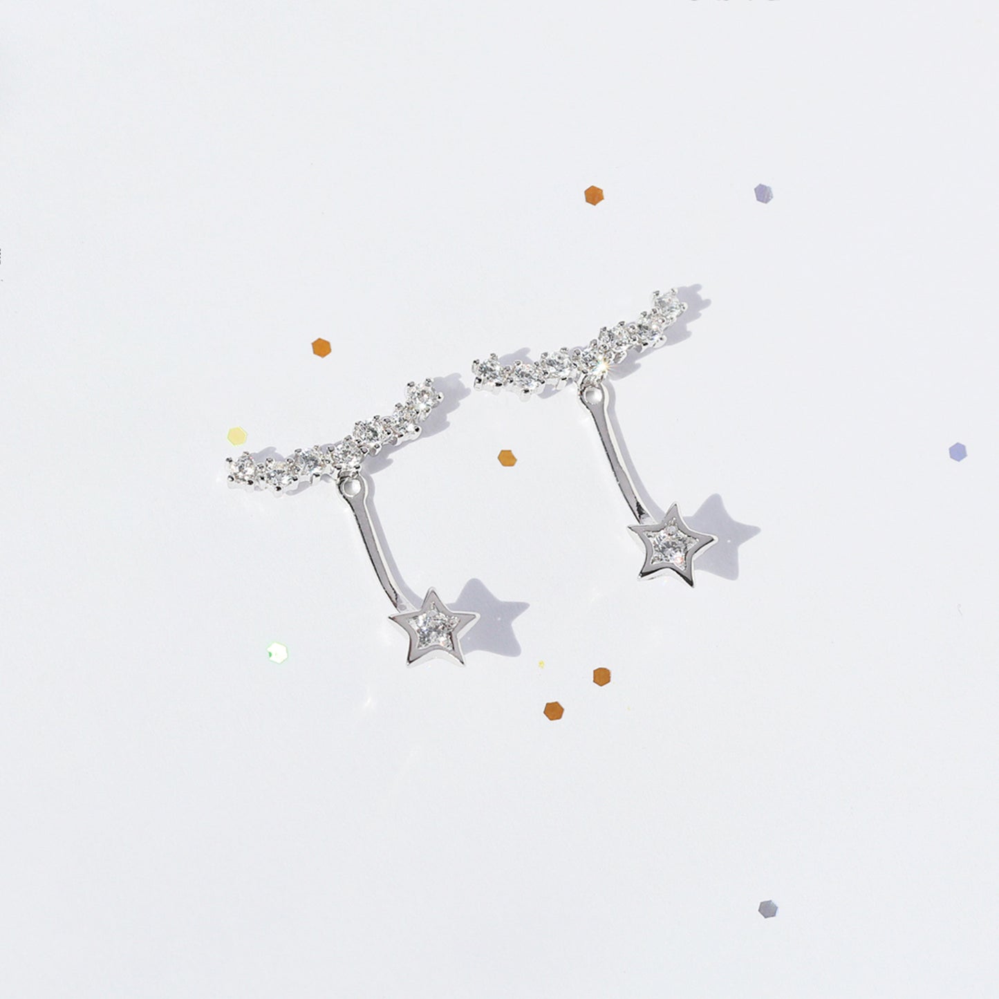 Sterling Silver Star Curve Line CZ Drop Jacket Hug Two Way Earrings