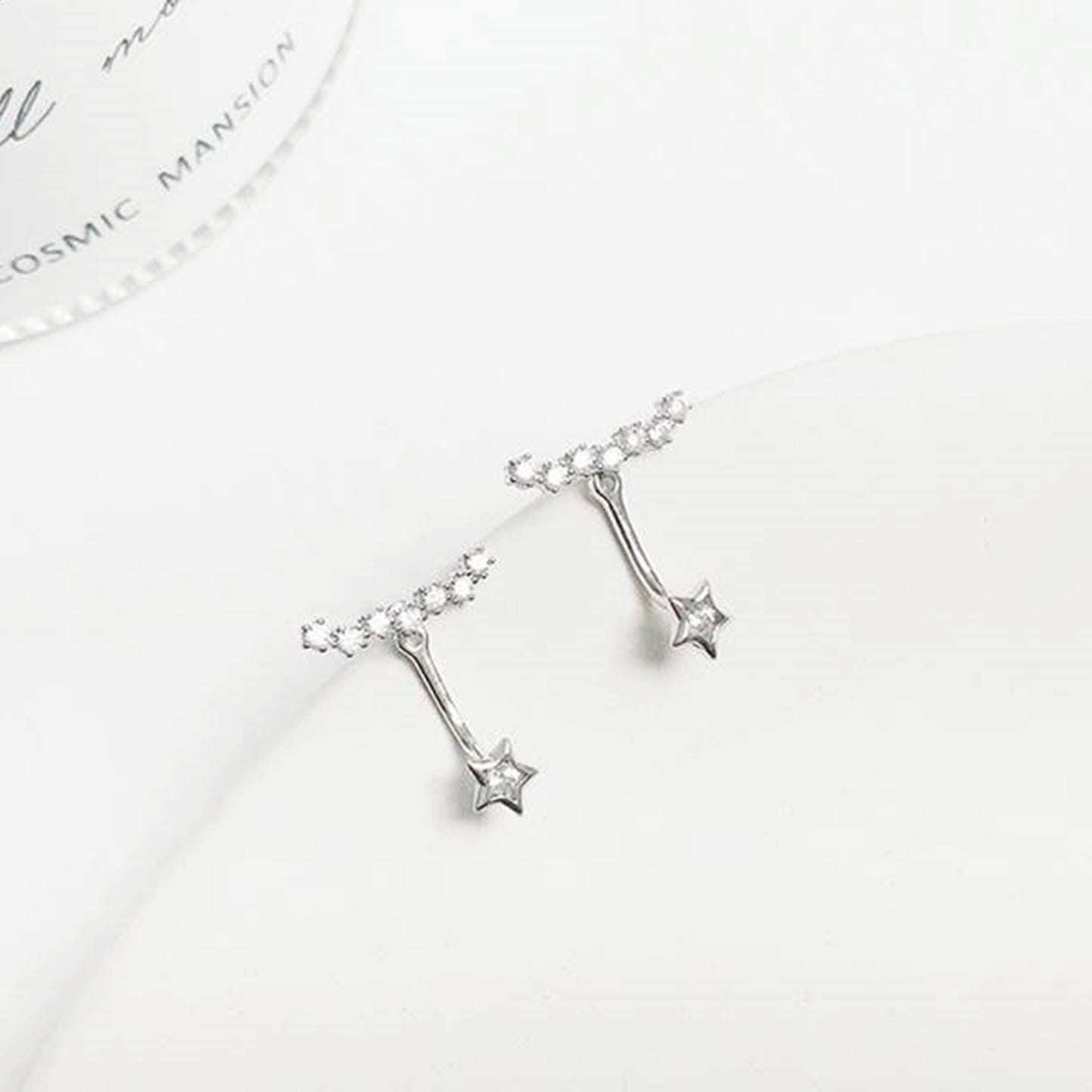 Sterling Silver Star Curve Line CZ Drop Jacket Hug Two Way Earrings