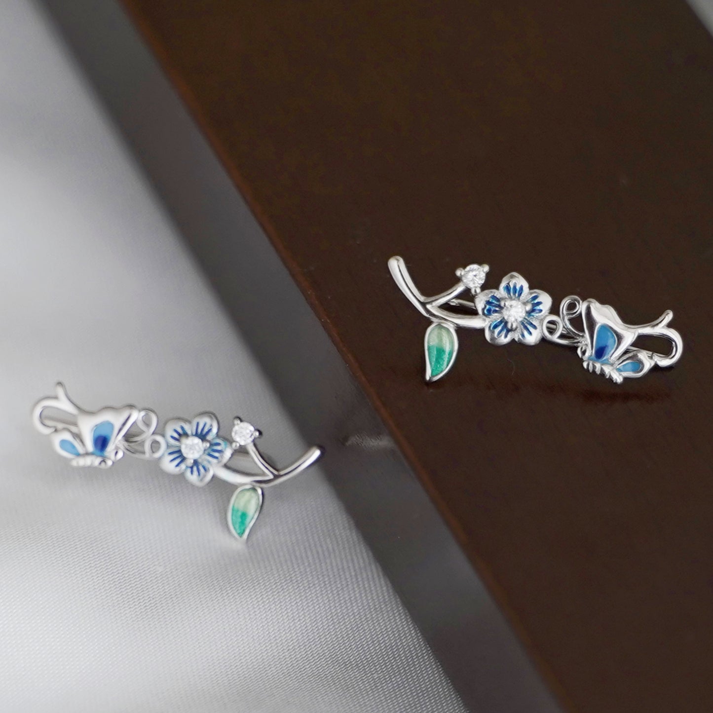 Stunning Sterling Silver Blue Enamel Butterfly Cuff Climber Crawler Earrings
