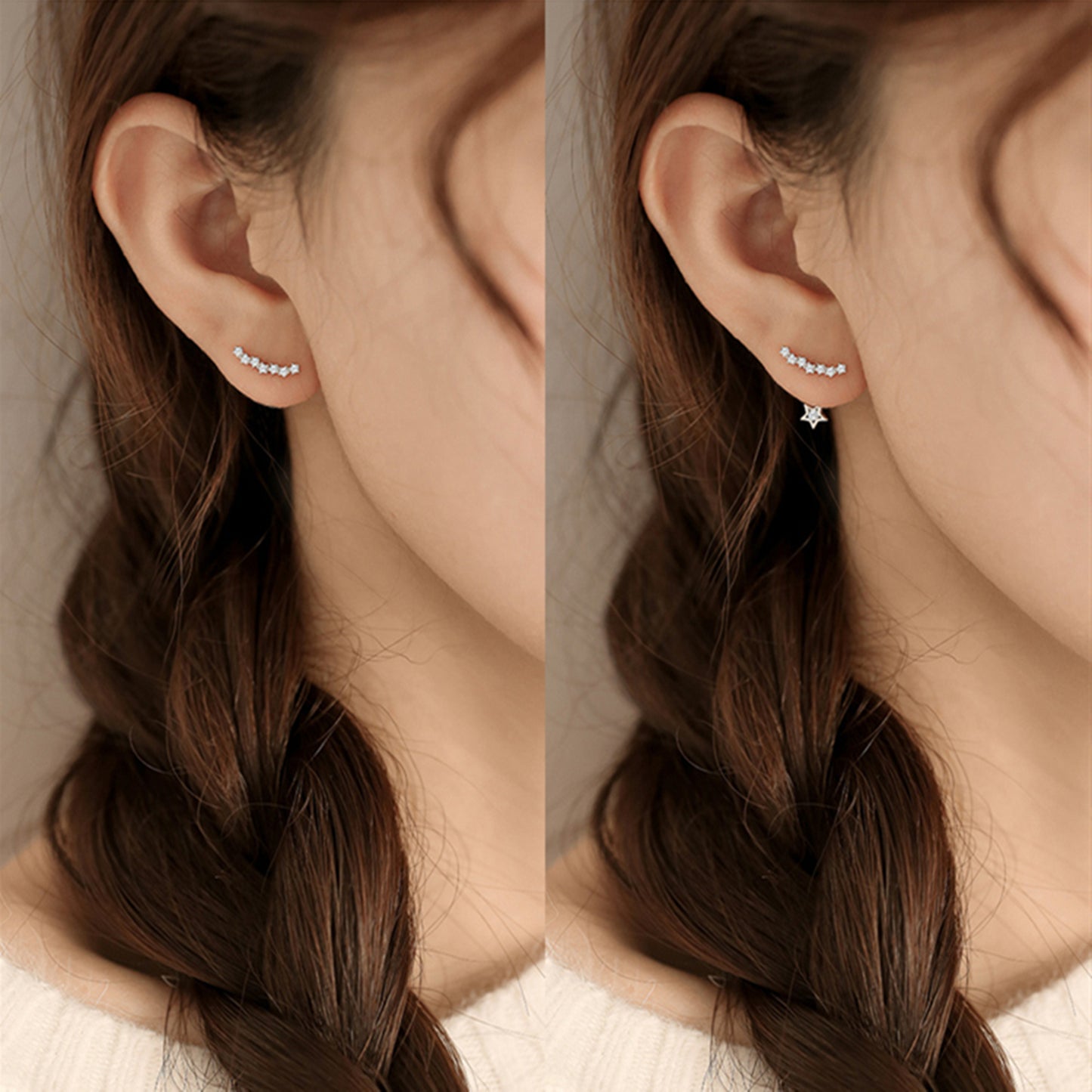 Sterling Silver Star Curve Line CZ Drop Jacket Hug Two Way Earrings