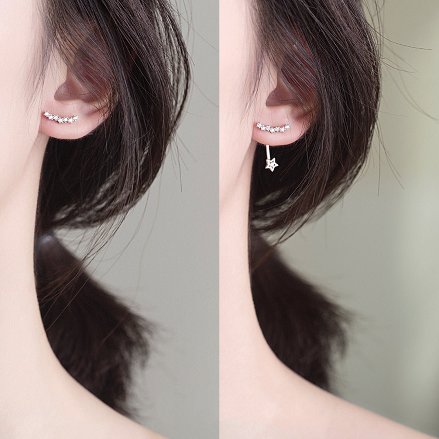 Sterling Silver Star Curve Line CZ Drop Jacket Hug Two Way Earrings
