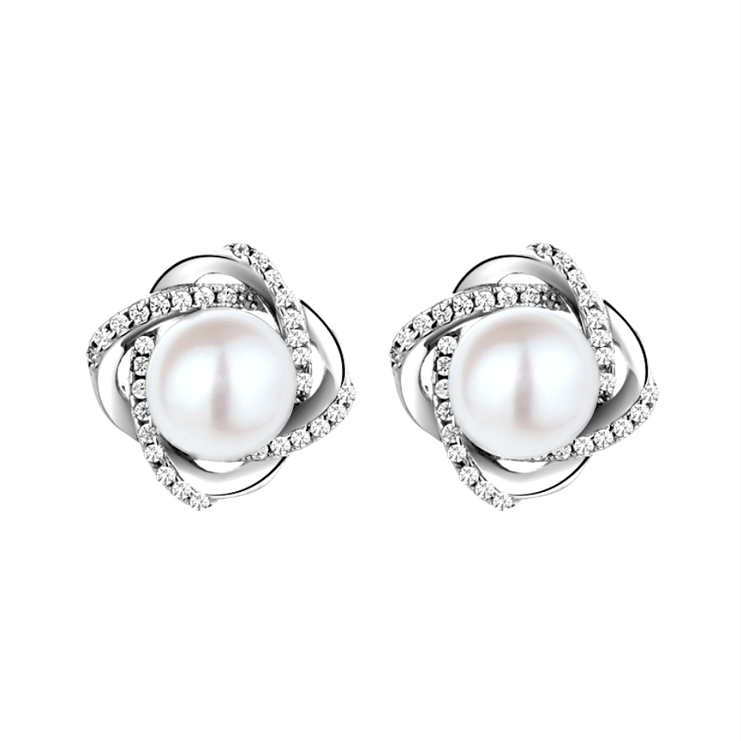 Sterling Silver Freshwater Pearl Stud Earrings with CZ Knots - 7mm White Button Pearls - sugarkittenlondon