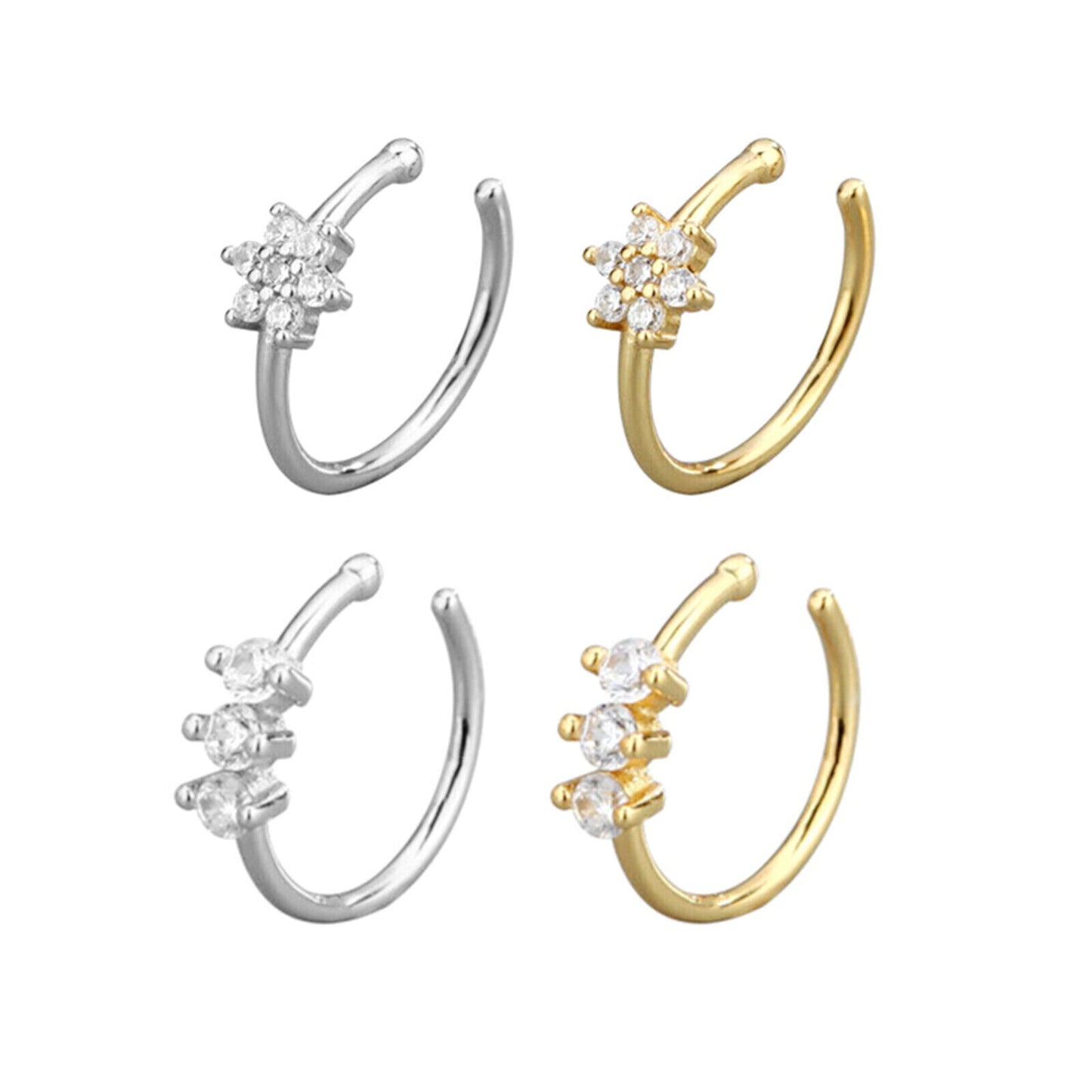 Sterling Silver Nose Ring Nose Hoop Paved CZ Crystal Flower Three Stones 2 Tones - sugarkittenlondon