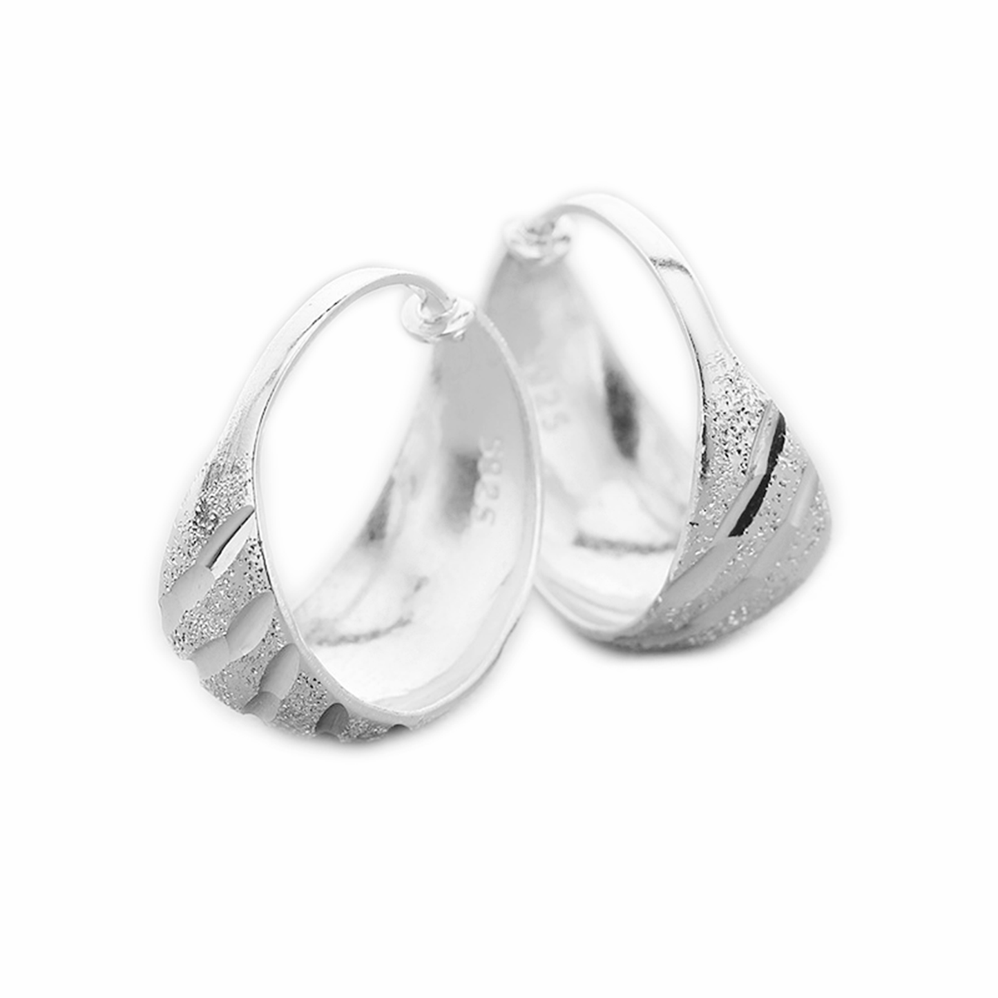 Sterling Silver Wide Diagonal Grooved Sandblasted Dome Sleeper Hoop Earrings