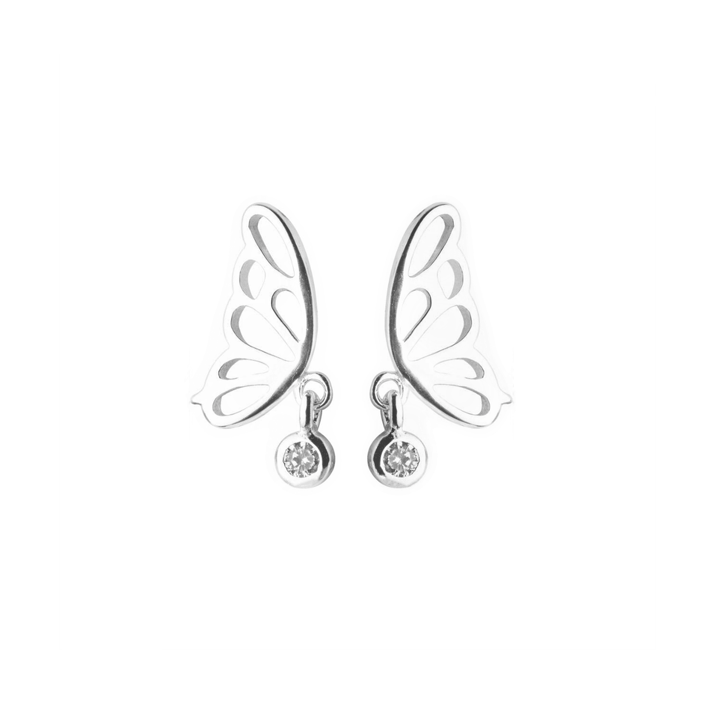 Sterling Silver Hollow Butterfly Wing Bezel CZ Drop Dangle Stud Earrings - sugarkittenlondon