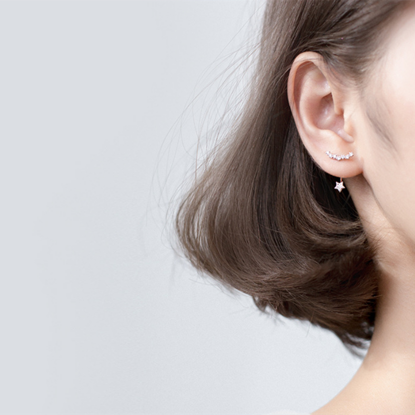 Sterling Silver Star Curve Line CZ Drop Jacket Hug Two Way Earrings