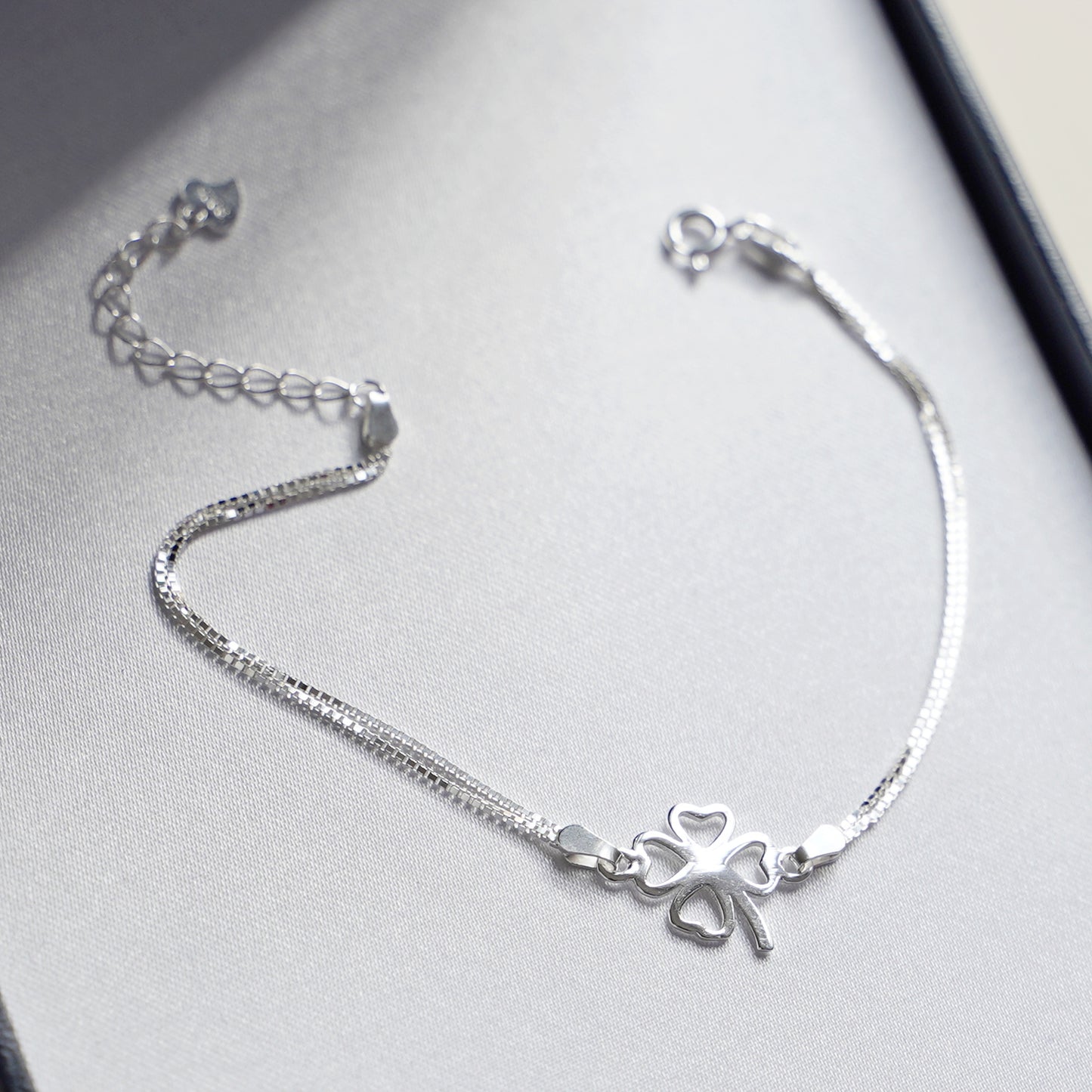 Sterling Silver Lucky Clover Love Hearts Shamrock with Double Box Chain Bracelet