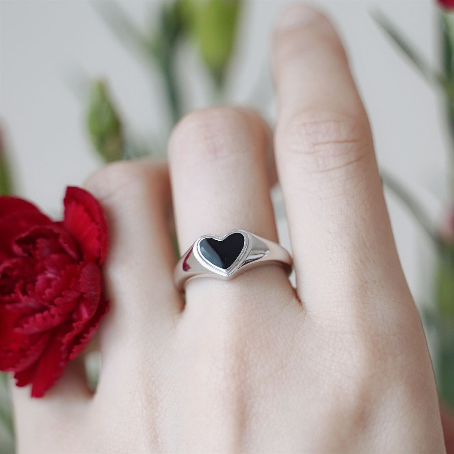 Sterling Silver Black Glazed Love Sweetheart Wishbone Signet Ring - sugarkittenlondon