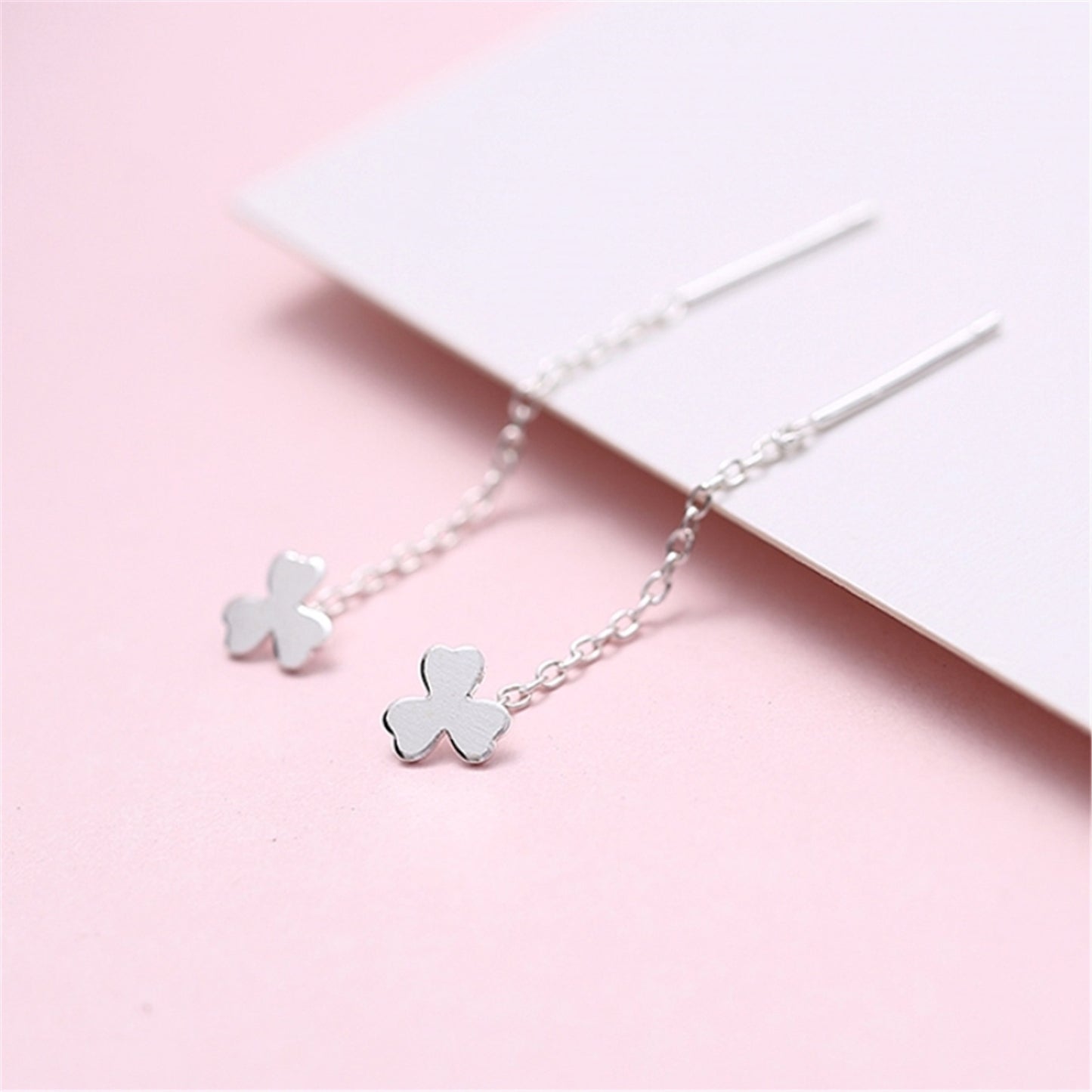 Sterling Silver Pull Through Clover Shamrock Threader Dangle Earrings - sugarkittenlondon