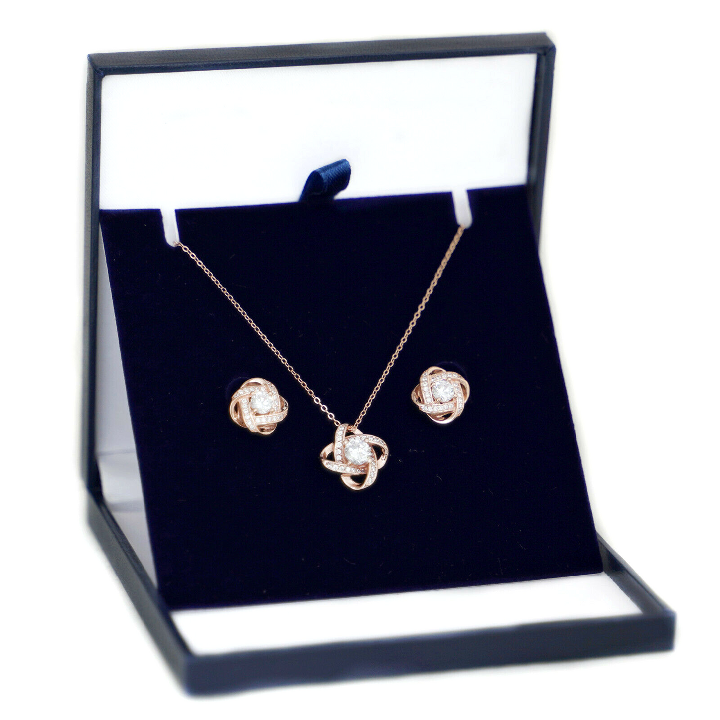 Sterling Silver 14mm Halo CZ Knot Flower Pendant Necklace Rhodium / Rose Gold - sugarkittenlondon