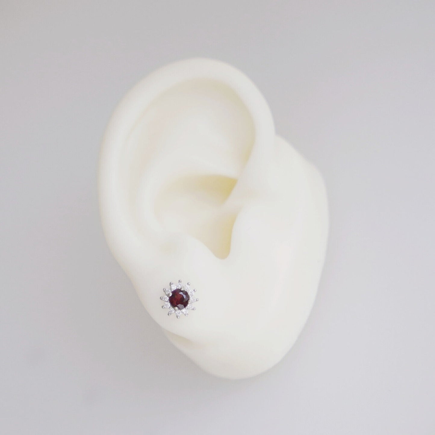 Sterling Silver 4mm Cut Red Pyrope Garnet Colour CZ Round Flower Cluster Stud Earrings