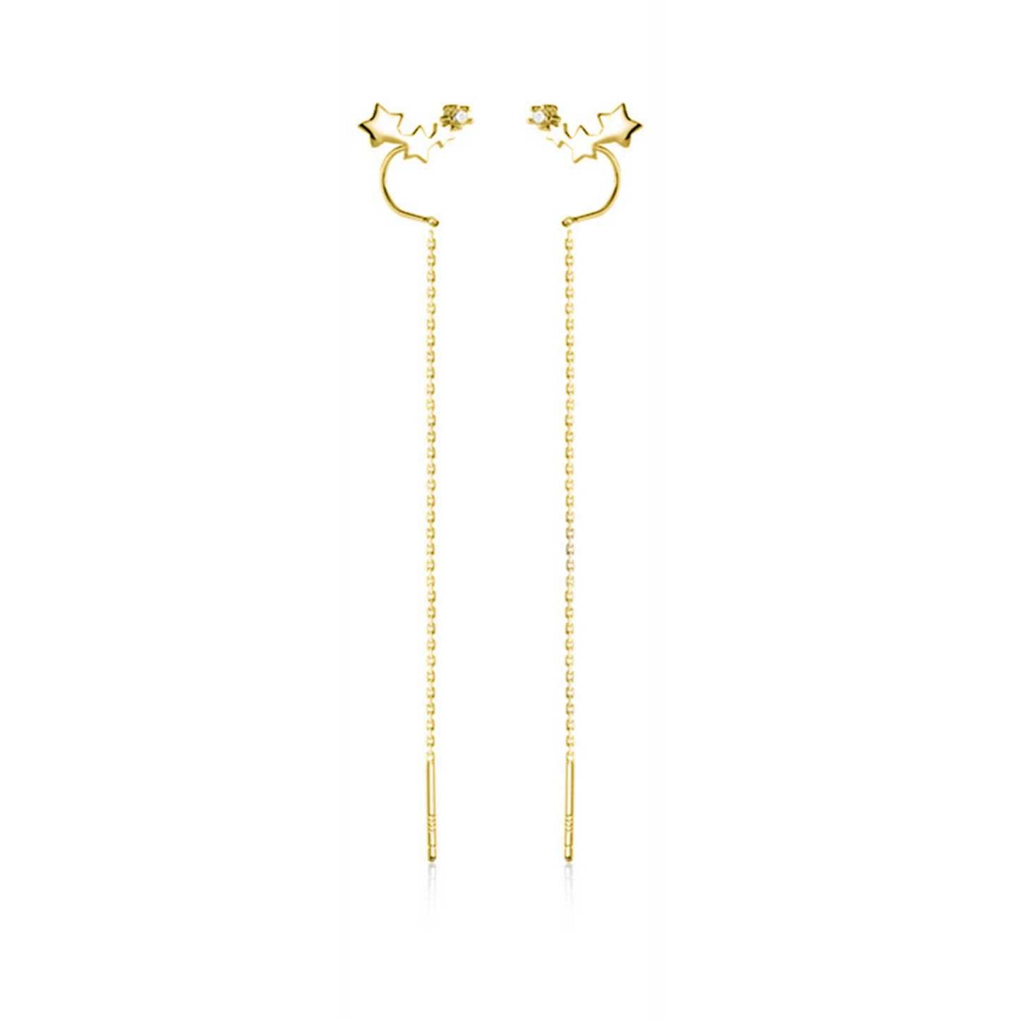 Sterling Silver Linked Stars CZ Chain Drop Pull Through Threader Earrings 2 Tones - sugarkittenlondon