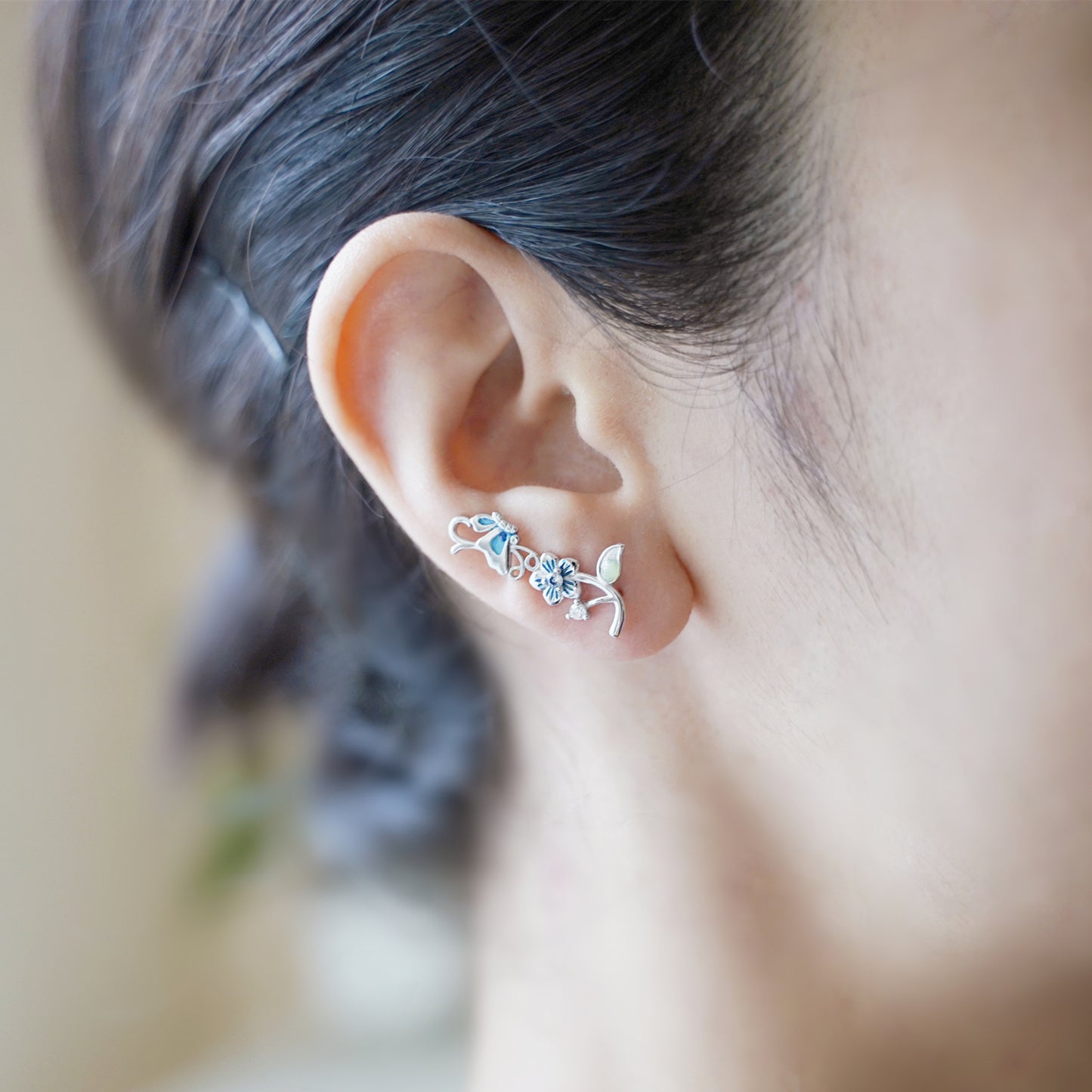 Stunning Sterling Silver Blue Enamel Butterfly Cuff Climber Crawler Earrings