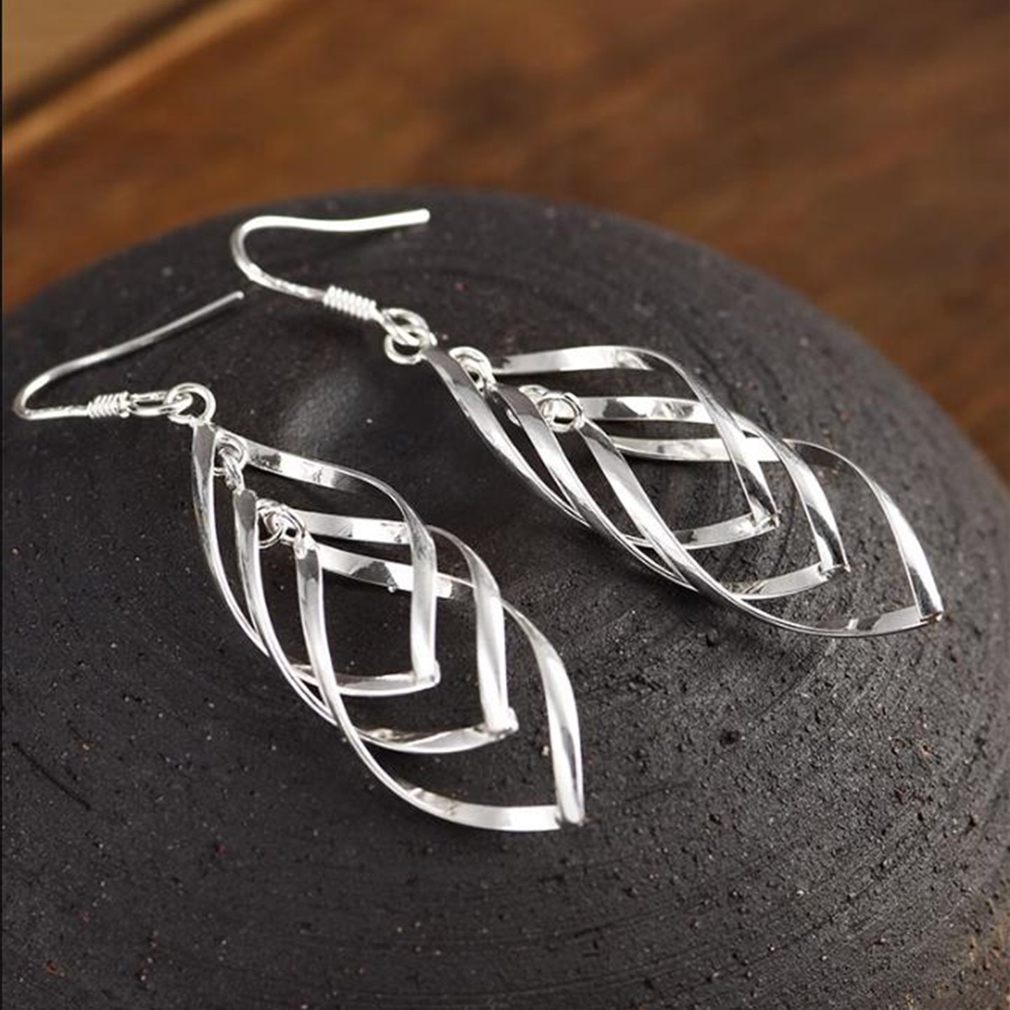 925 Sterling Silver Triple Layer Teardrop Hook Earrings