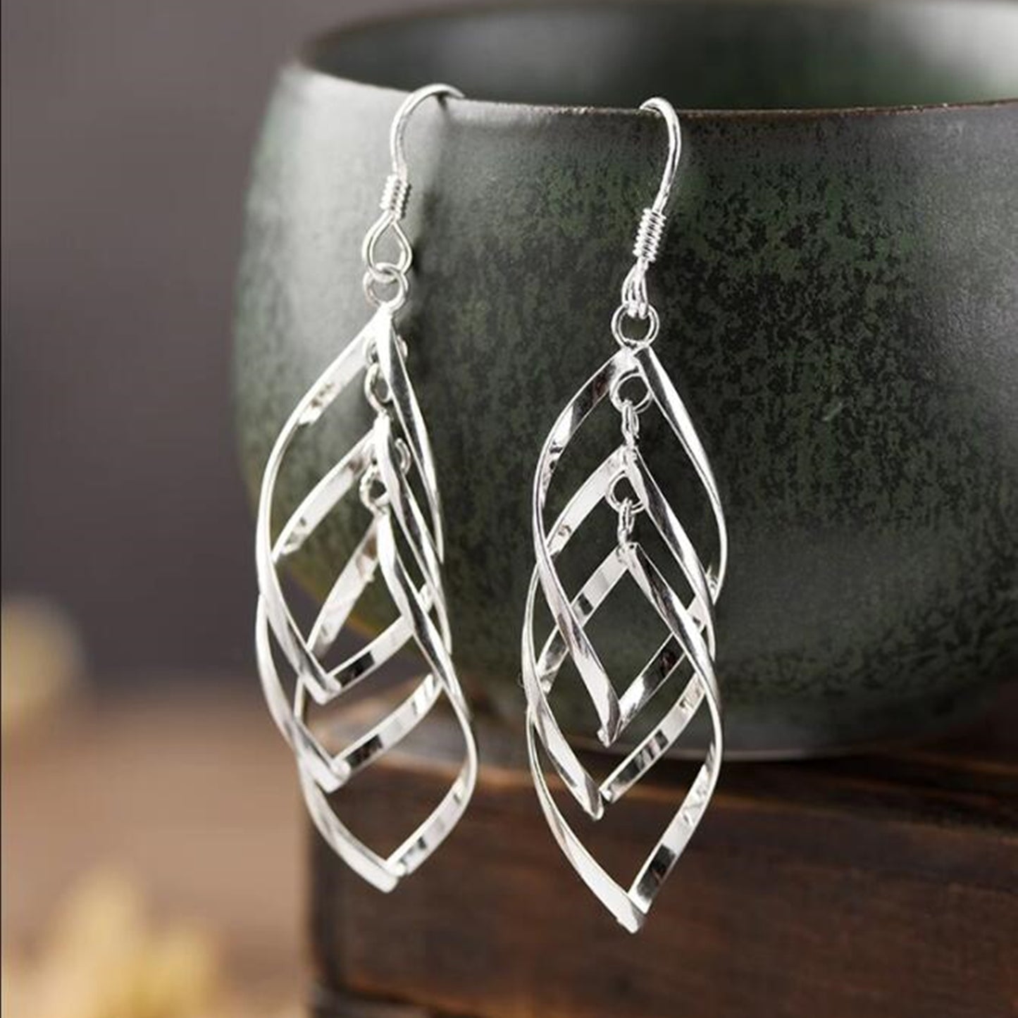 925 Sterling Silver Triple Layer Teardrop Hook Earrings