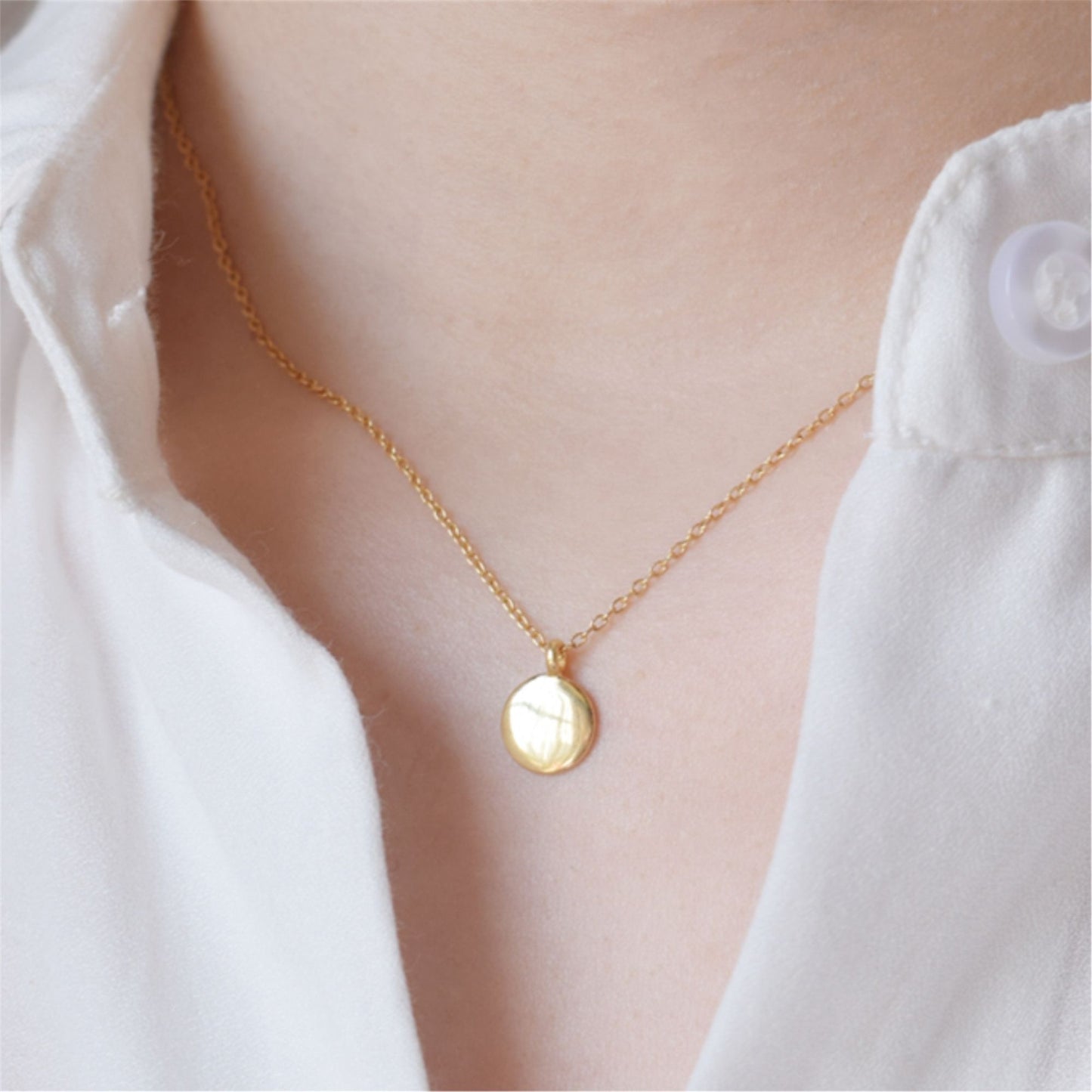 Sterling Silver Round Disc Pebble Circle Necklace 2 Tones - sugarkittenlondon