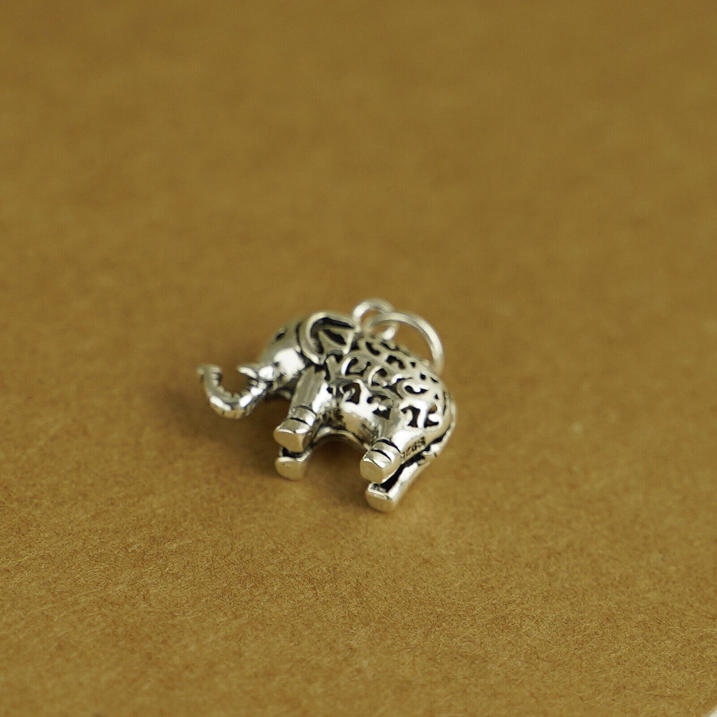 Sterling Silver Filigree 3D Elephant w Raised Trunk Pendant Charm 2 Tones - sugarkittenlondon