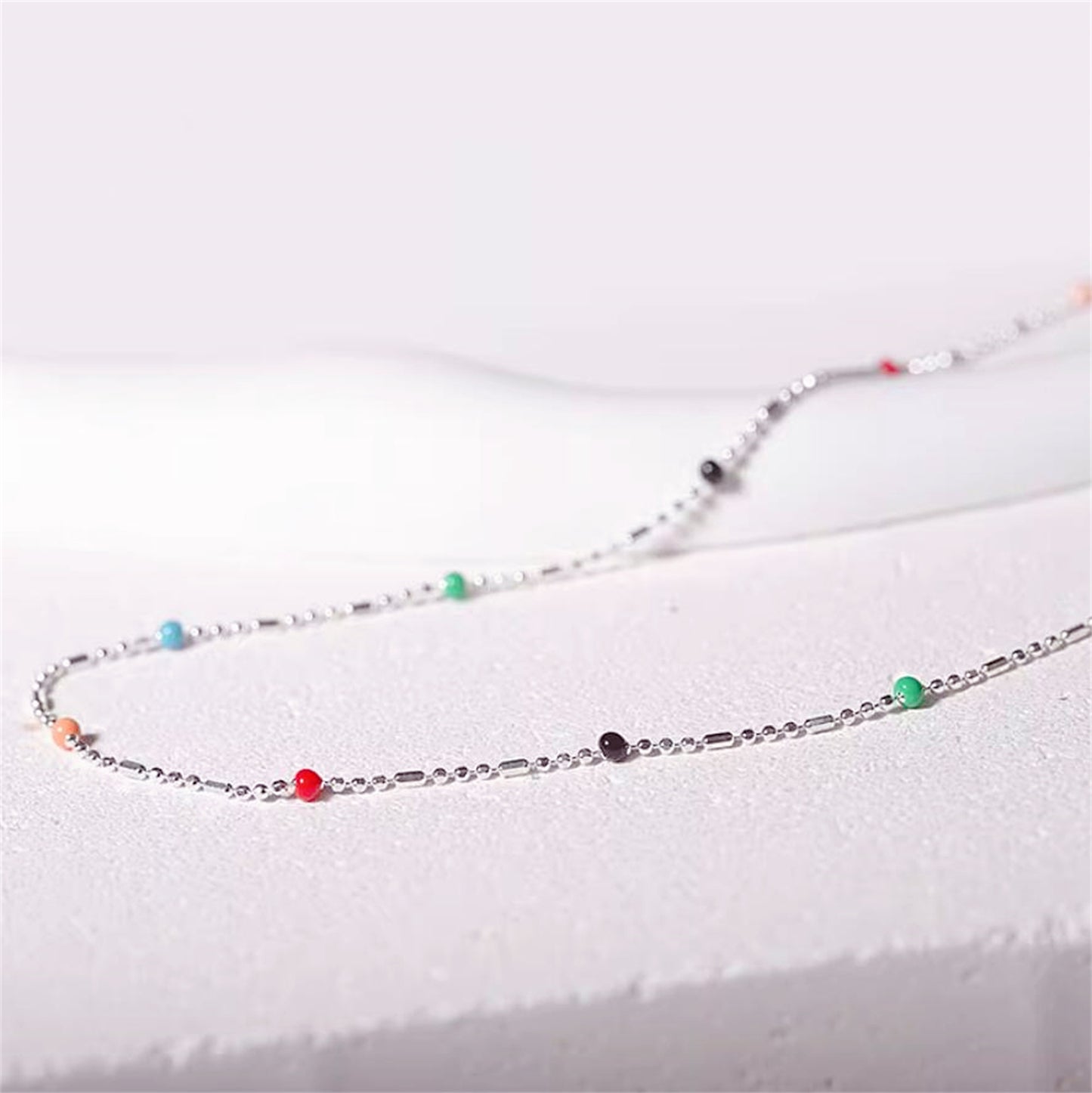 Sterling Silver Rainbow Beads Multi Colour Choker Ball Chain Thin Necklace