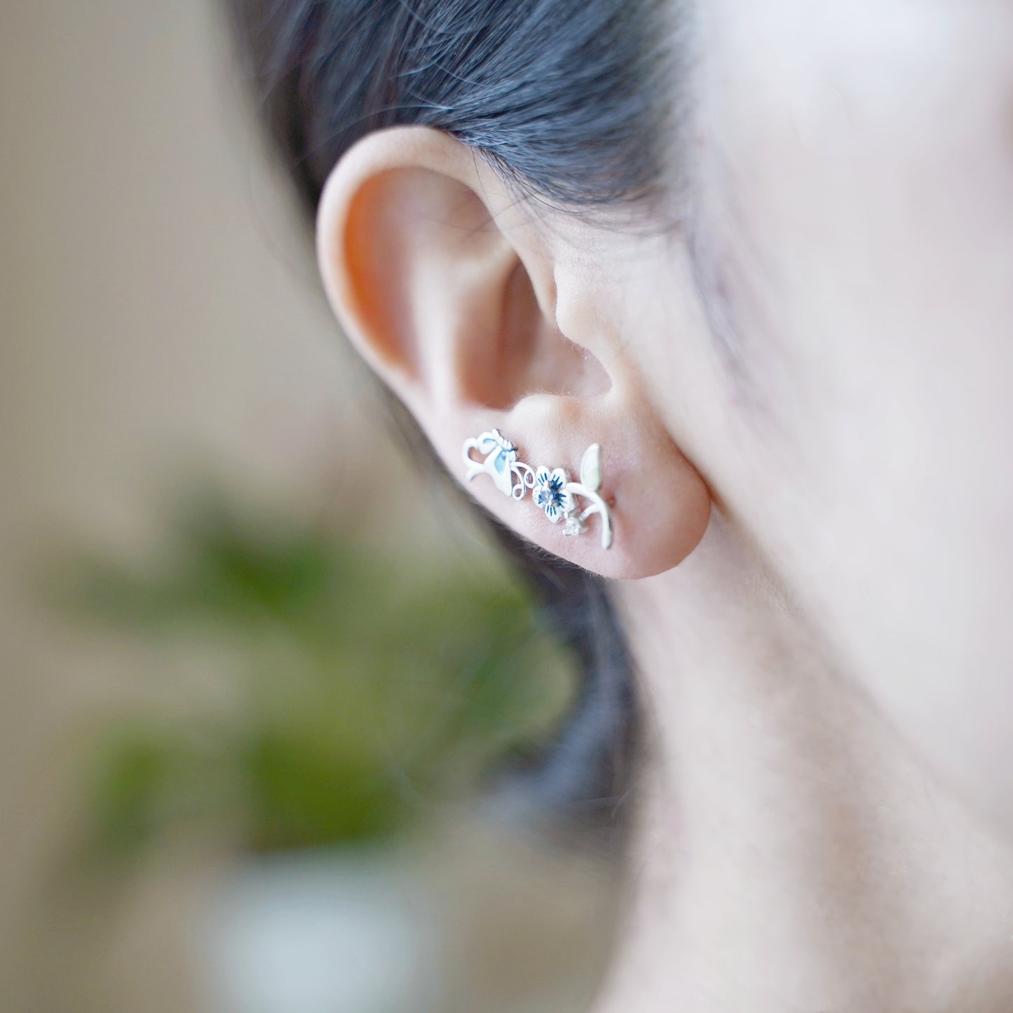 Stunning Sterling Silver Blue Enamel Butterfly Cuff Climber Crawler Earrings