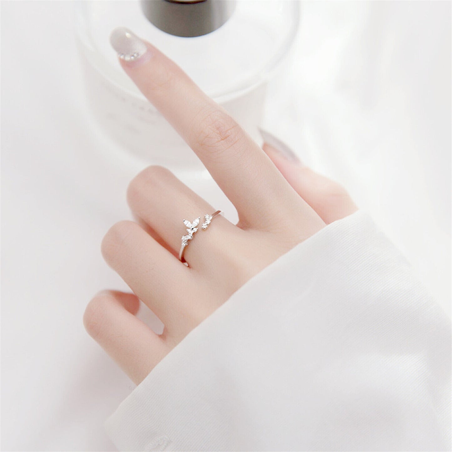 Rhodium on Sterling Silver Sparkling Crystal CZ Butterfly Open End Ring - sugarkittenlondon