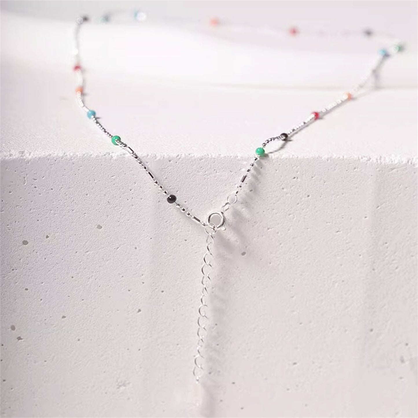 Sterling Silver Rainbow Beads Multi Colour Choker Ball Chain Thin Necklace
