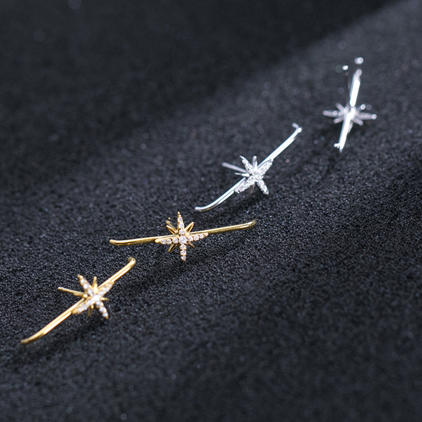 18K Gold on Sterling Silver North Pole Star CZ Suspender Bar Cuff Stud Earrings