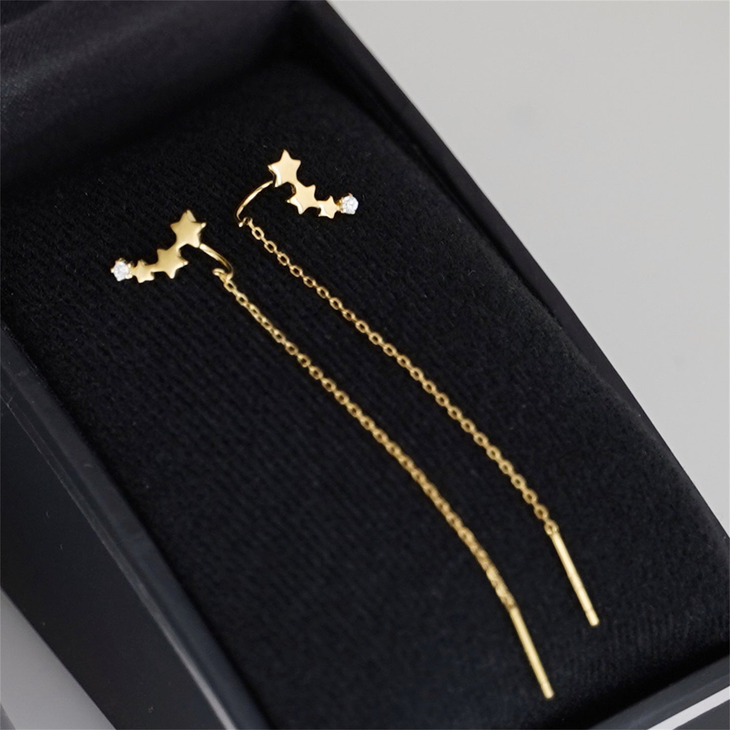 Sterling Silver Linked Stars CZ Chain Drop Pull Through Threader Earrings 2 Tones - sugarkittenlondon