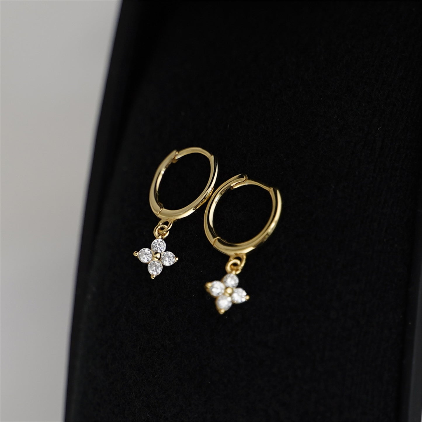 Sterling Silver Motif Flower Charm CZ Hinged 9mm Hoop Huggie Earrings - 2 Tones - sugarkittenlondon