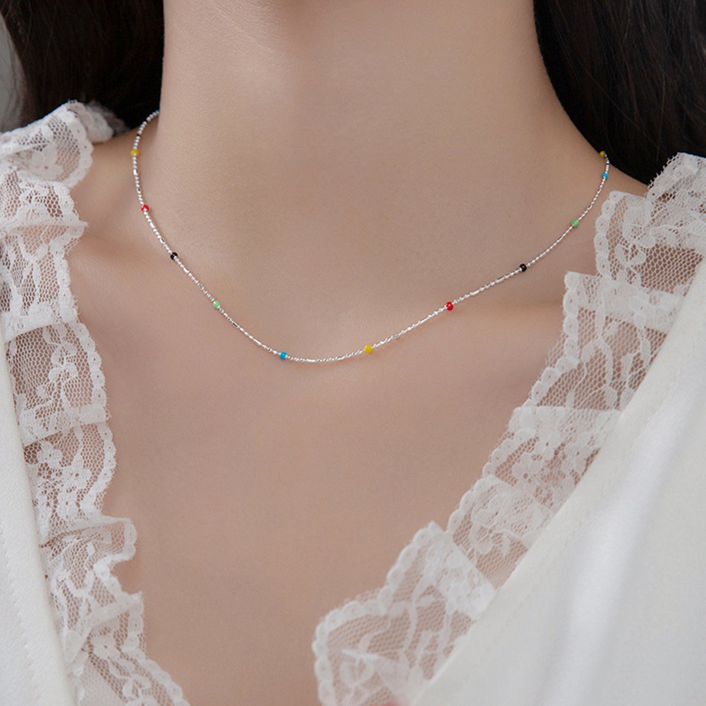 Sterling Silver Rainbow Beads Multi Colour Choker Ball Chain Thin Necklace