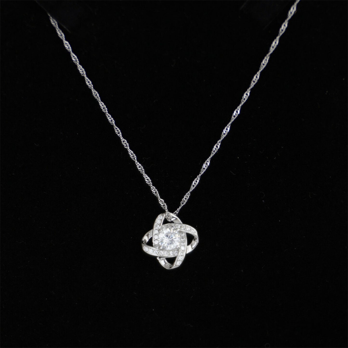 Sterling Silver 14mm Halo CZ Knot Flower Pendant Necklace Rhodium / Rose Gold - sugarkittenlondon
