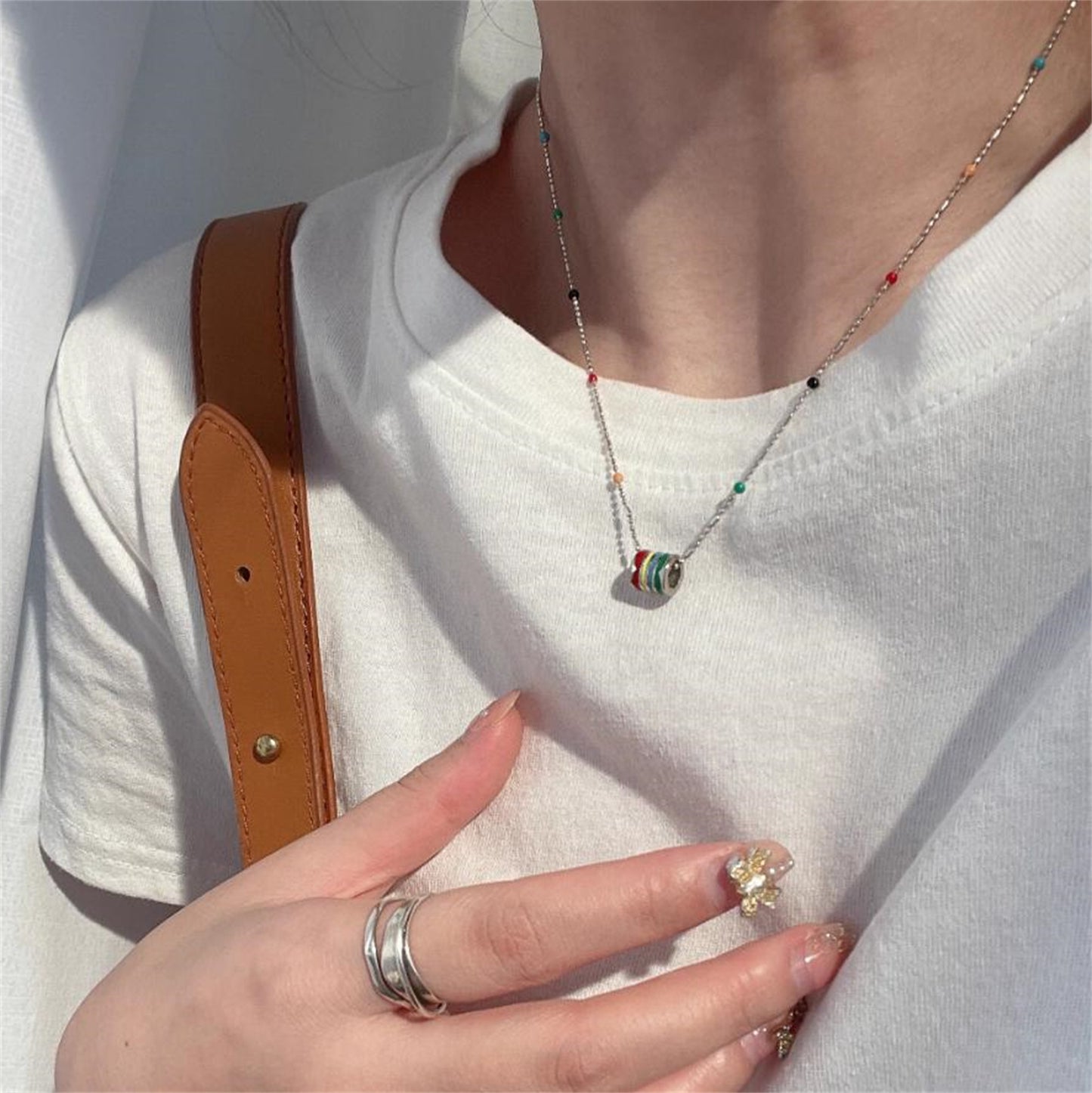 Sterling Silver Rainbow Beads Multi Colour Choker Ball Chain Thin Necklace