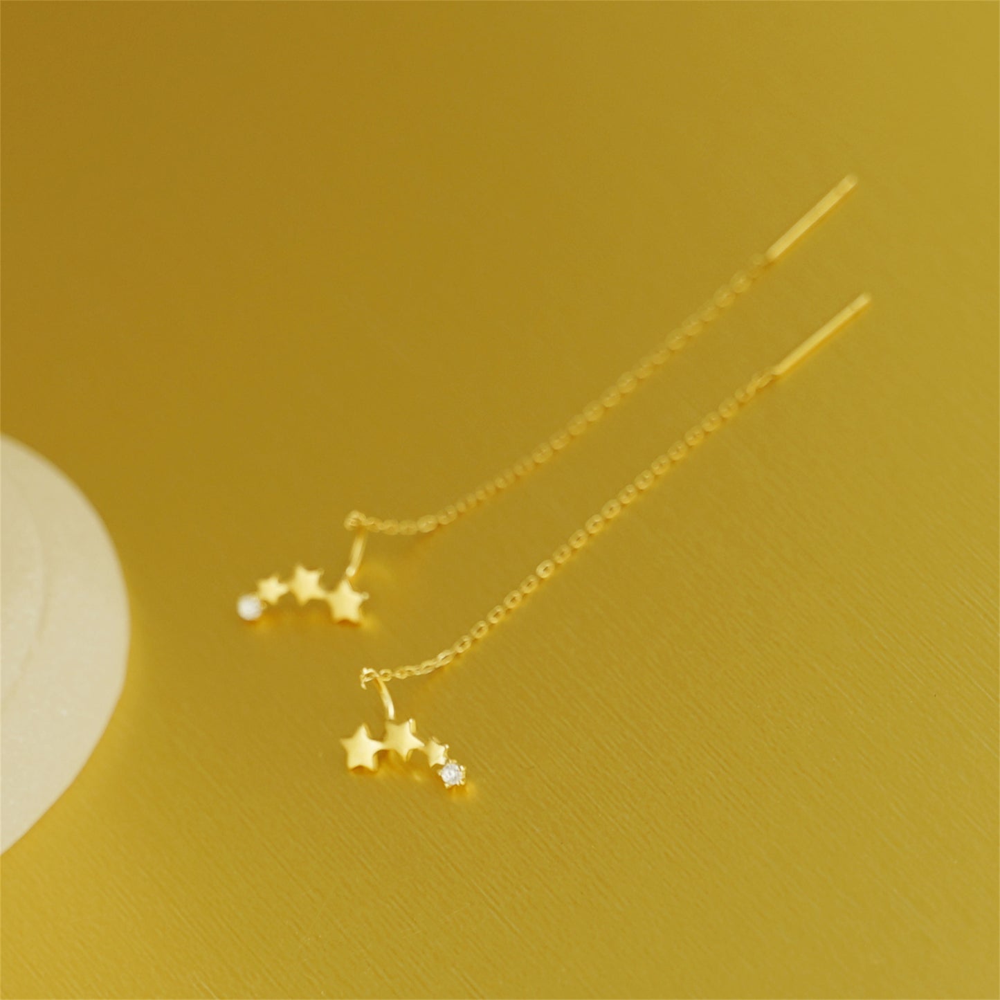 Sterling Silver Linked Stars CZ Chain Drop Pull Through Threader Earrings 2 Tones - sugarkittenlondon