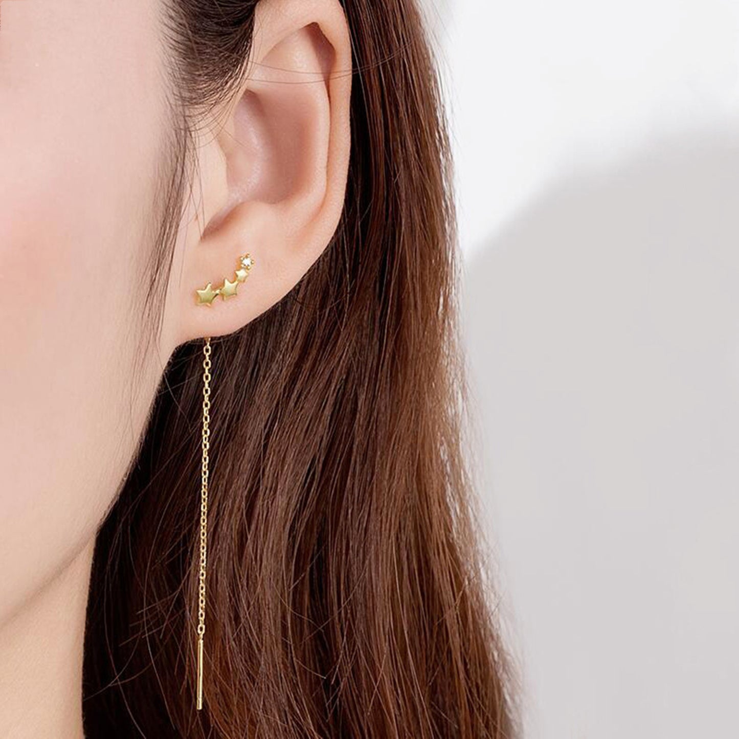 Sterling Silver Linked Stars CZ Chain Drop Pull Through Threader Earrings 2 Tones - sugarkittenlondon