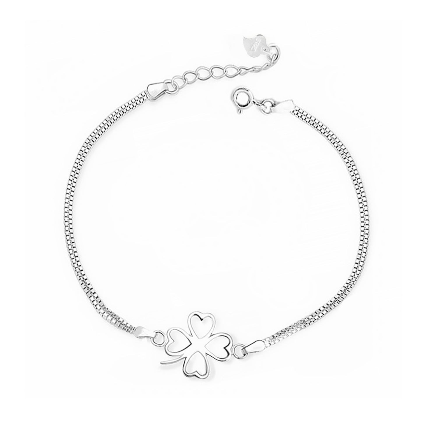 Sterling Silver Lucky Clover Love Hearts Shamrock with Double Box Chain Bracelet