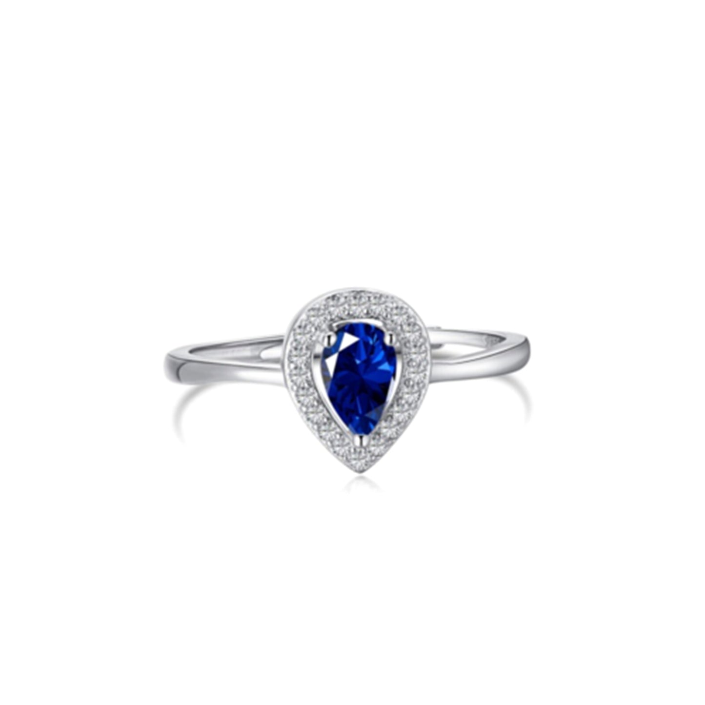 Rhodium on Sterling Silver Teardrop Cut Blue Sapphire Paved CZ Halo Sizable Ring - sugarkittenlondon
