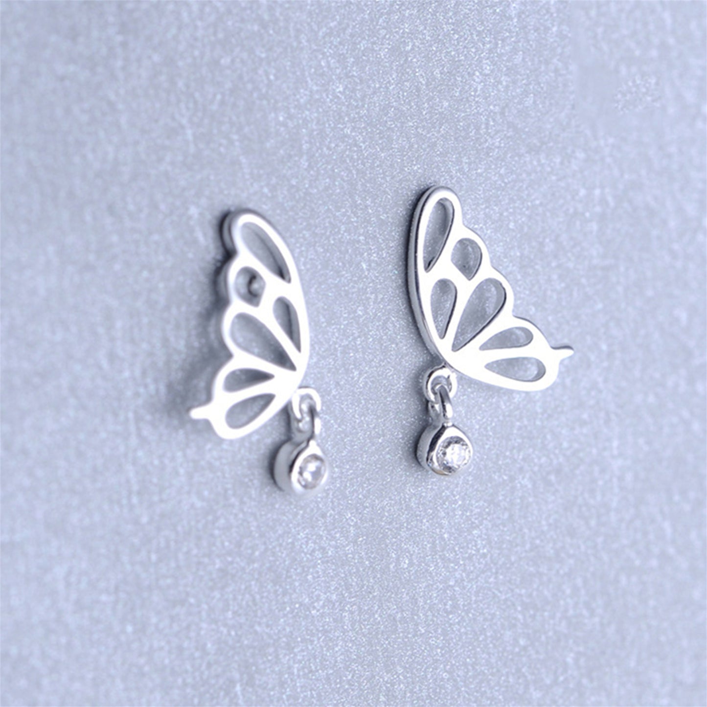 Sterling Silver Hollow Butterfly Wing Bezel CZ Drop Dangle Stud Earrings - sugarkittenlondon