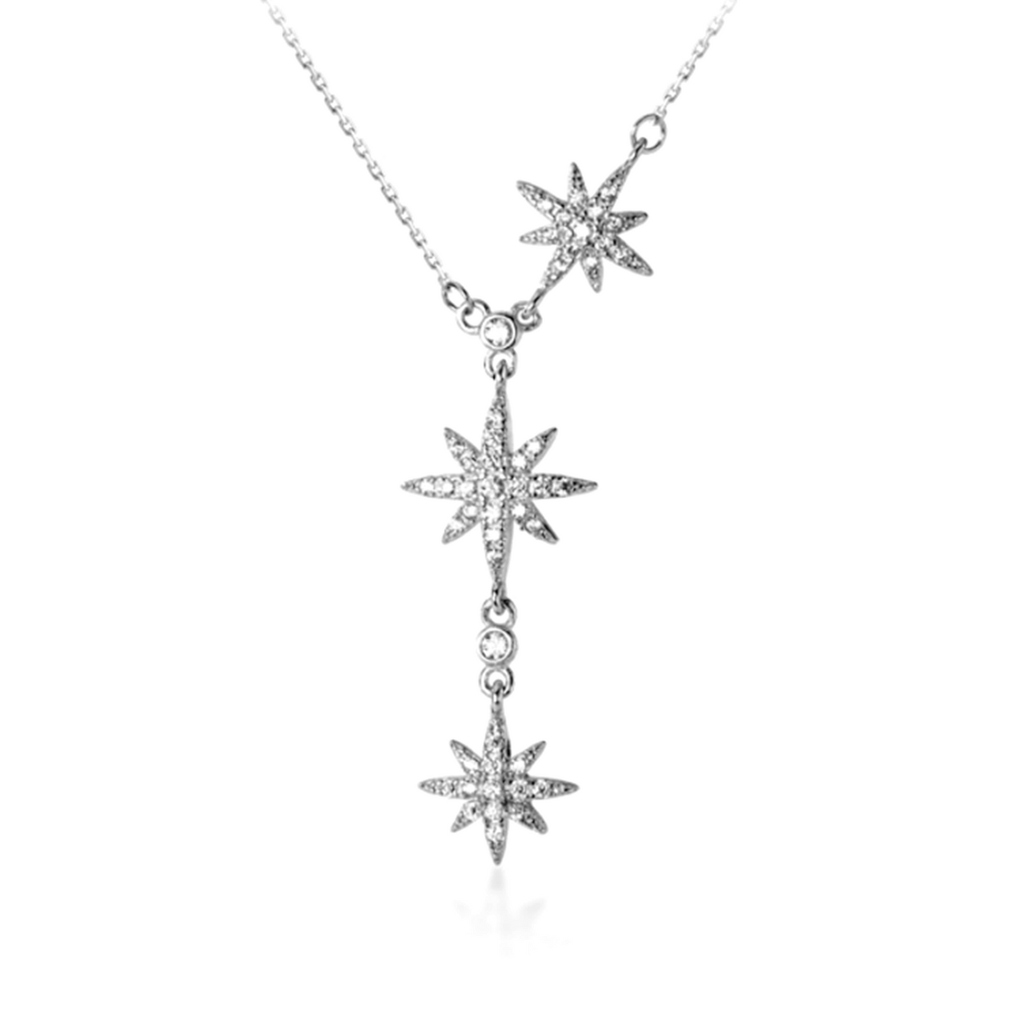 Sterling Silver CZ Sunlight Star Sunburst Drop Y Shape Tassel Necklace Boxed - sugarkittenlondon
