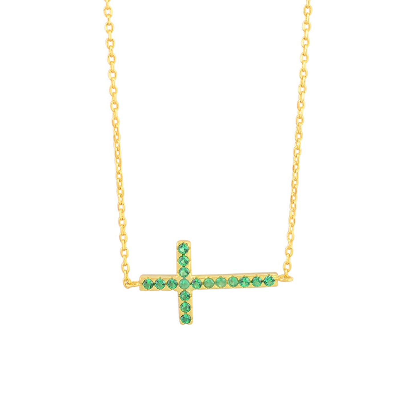 Gold-Plated Sterling Silver Green CZ Cross Pendant Necklace