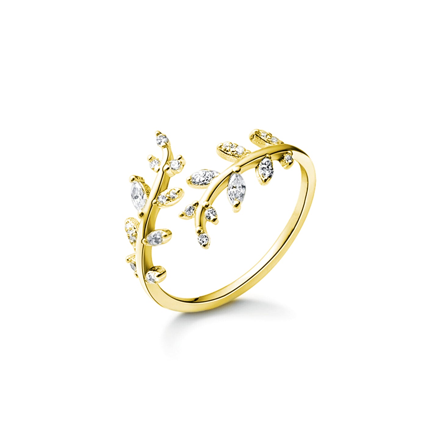 Sterling Silver Sparkling Crystal Cz Leaf Feather Bridal Wrap Ring 3 Tones Rhodium / Rose Gold / 18K Gold